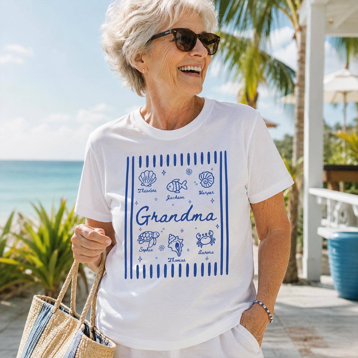 Blue Retro Summer Grandma Mom - Personalized Shirt