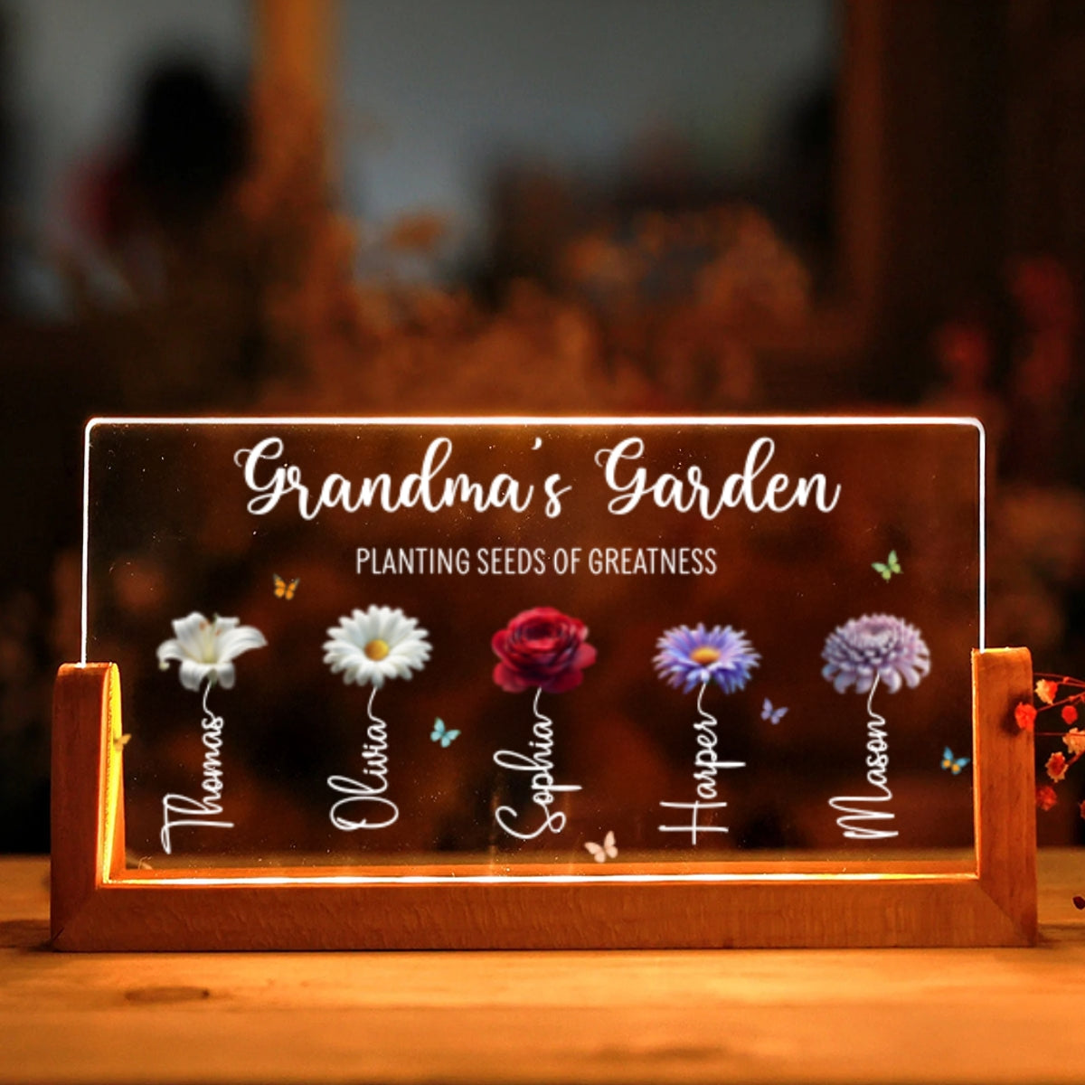 Grandma's Garden Custom Birth Month Flowers - Personalised Acrylic Plaque LED Night Light - Gift For Grandma