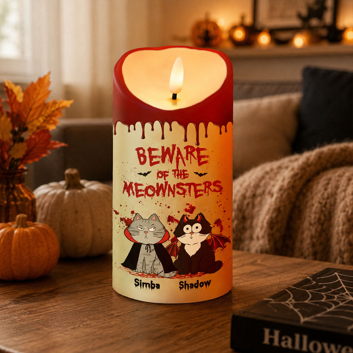 Cat Mom Happy Meowloween Blood Drip - Personalized LED Candle - Purrfect Halloween Decor for Cat Lover