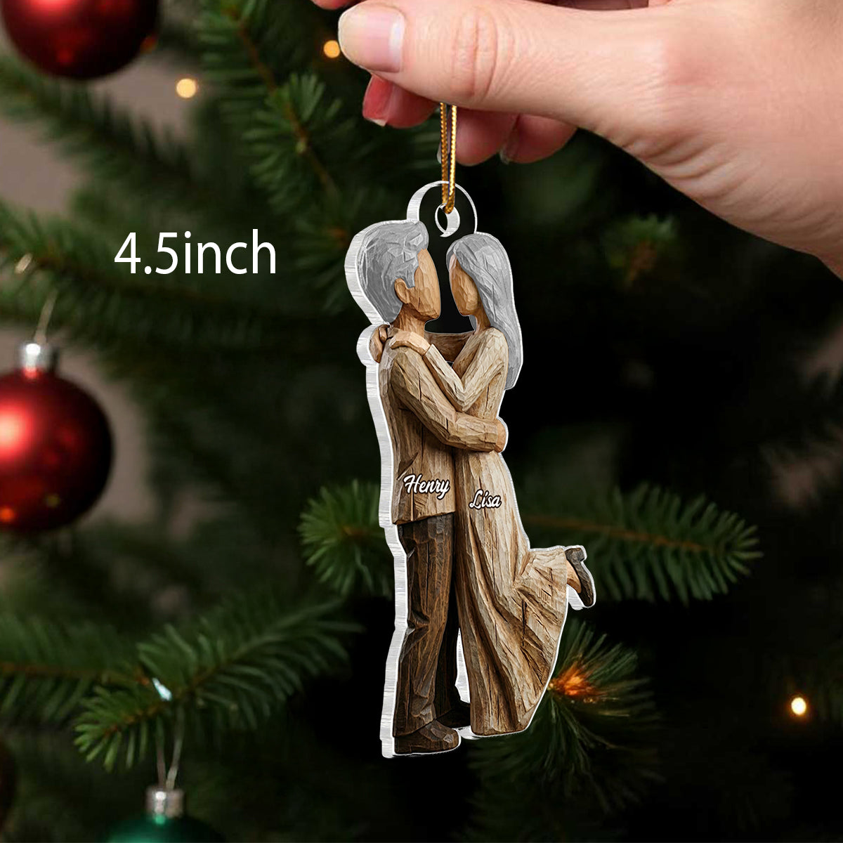 Couple Hugging Faux Wood - Personalized Acrylic Ornament - Heartwarming Christmas Gift For Him, For Her, For Couple