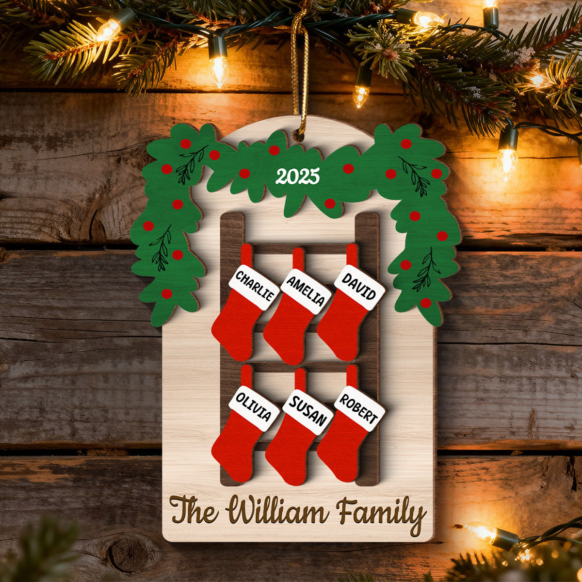 Family Names Ladder Stocking - Persnalized 3-Layered Wooden Ornament - Christmas Gift