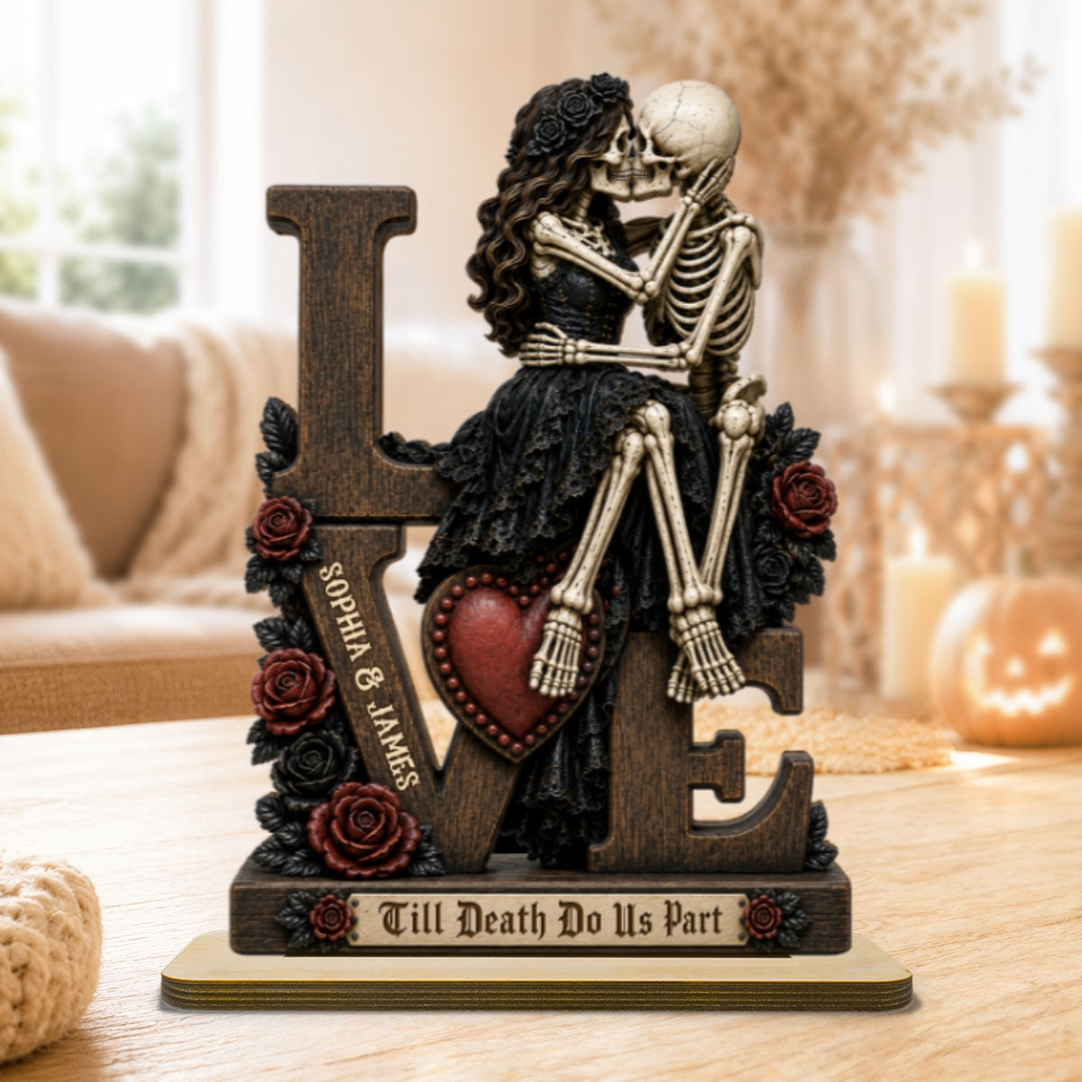 Skeleton Couple Kissing Eternal LOVE 2D Flat - Personalized 2-Layered Wooden Plaque - Halloween Decor For Couple