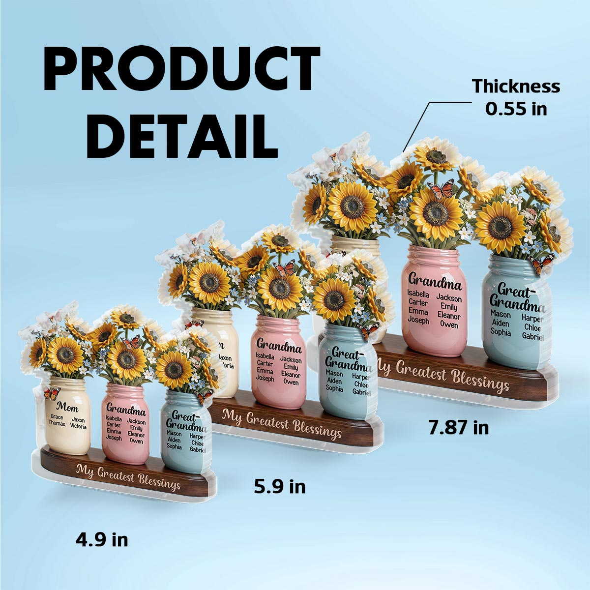 Mom Grandma Great Grandma Sunflowers Jars Custom Names 2D Flat - Personalized Acrylic Block Plaque