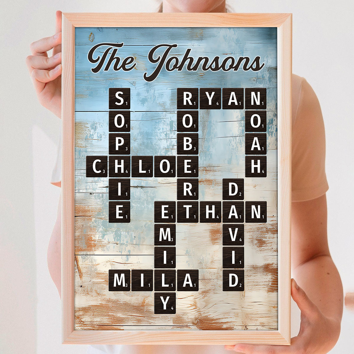 Family Crossword Puzzle Blue Rustic Wood Palette - Personalized Poster - Wall Art Home Decor