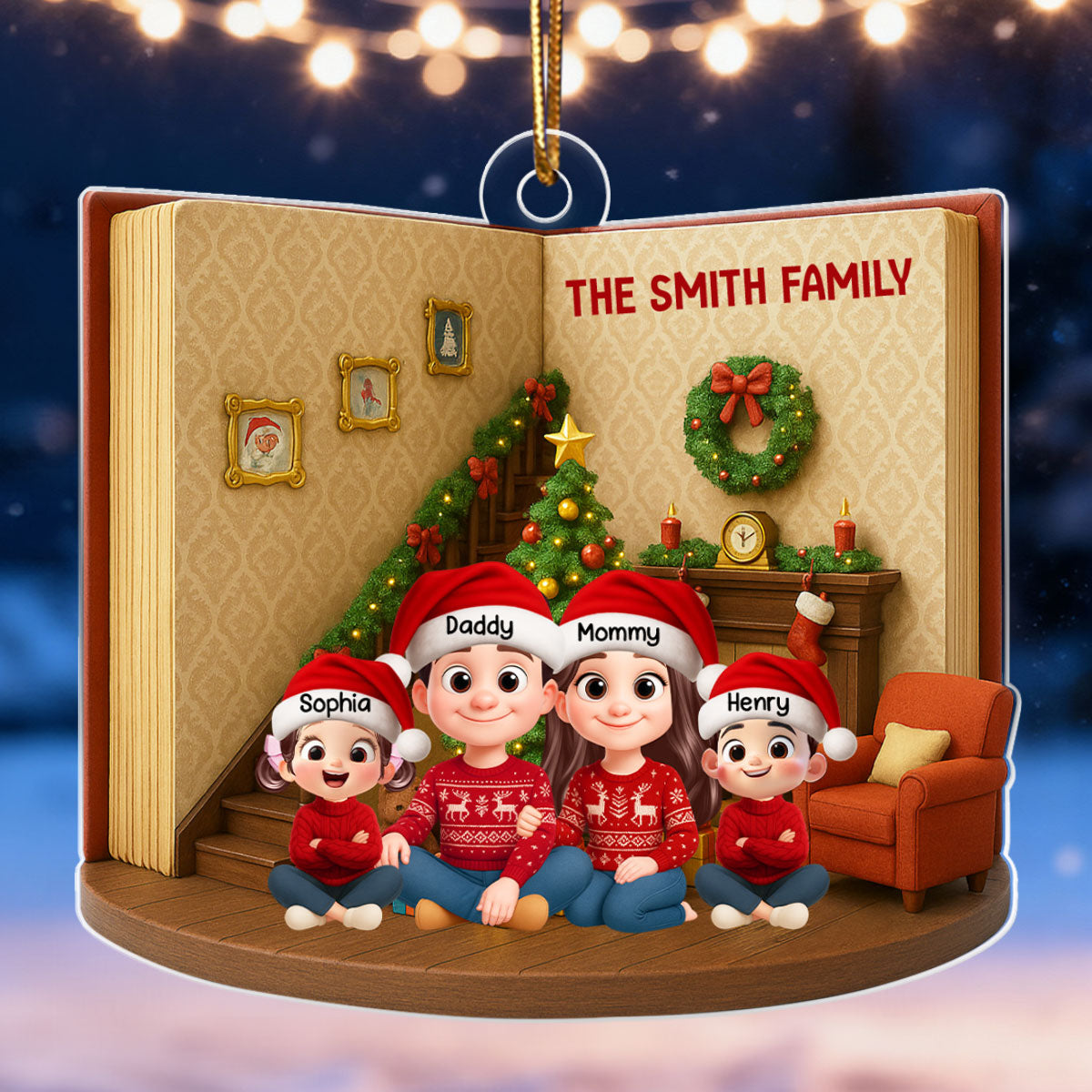 3D Book House Cozy Vibe Family Sitting Together - Personalzied Acrylic Ornament - Christmas Gift for Family