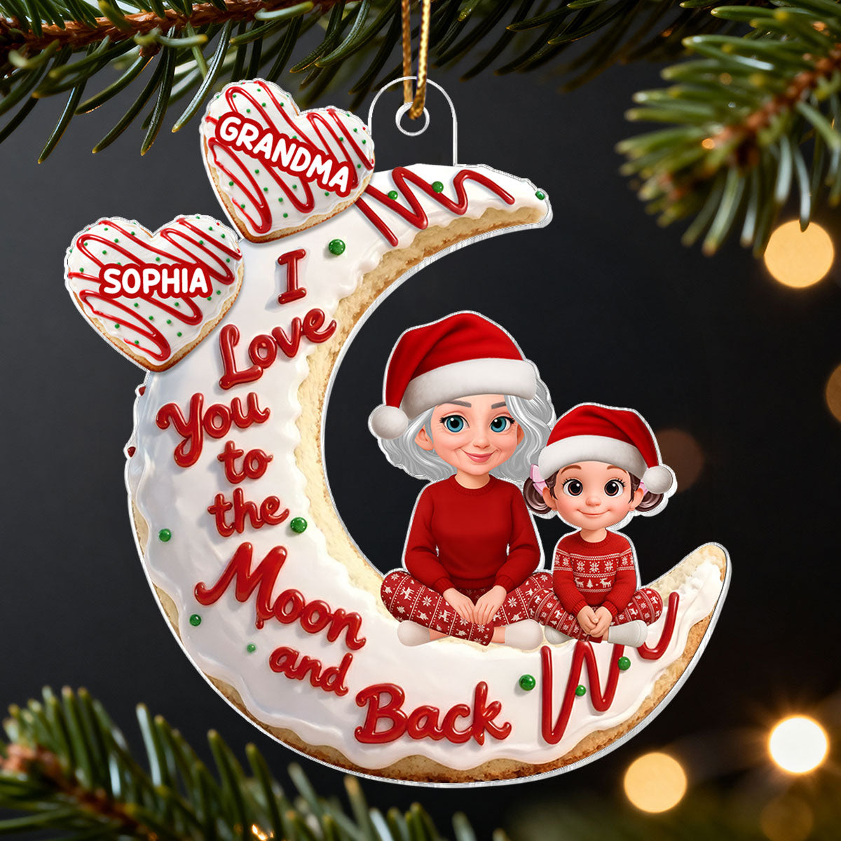 3D Effect Christmas Tree Cake Moon Grandma Grandkid Love You To The Moon And Back - Personalized Acrylic Ornament - Christmas Gift For All Grandkids