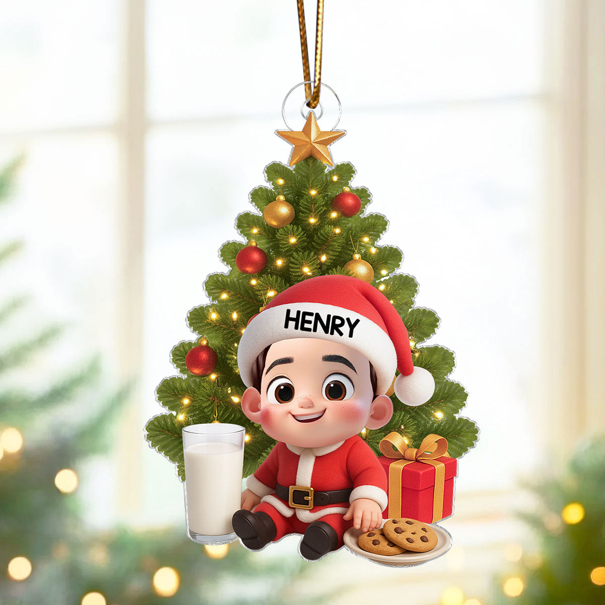 Little Kid with Milk and Cookies - Personalized Acrylic Ornament - Unique Christmas Gift For Kid, Grandkids