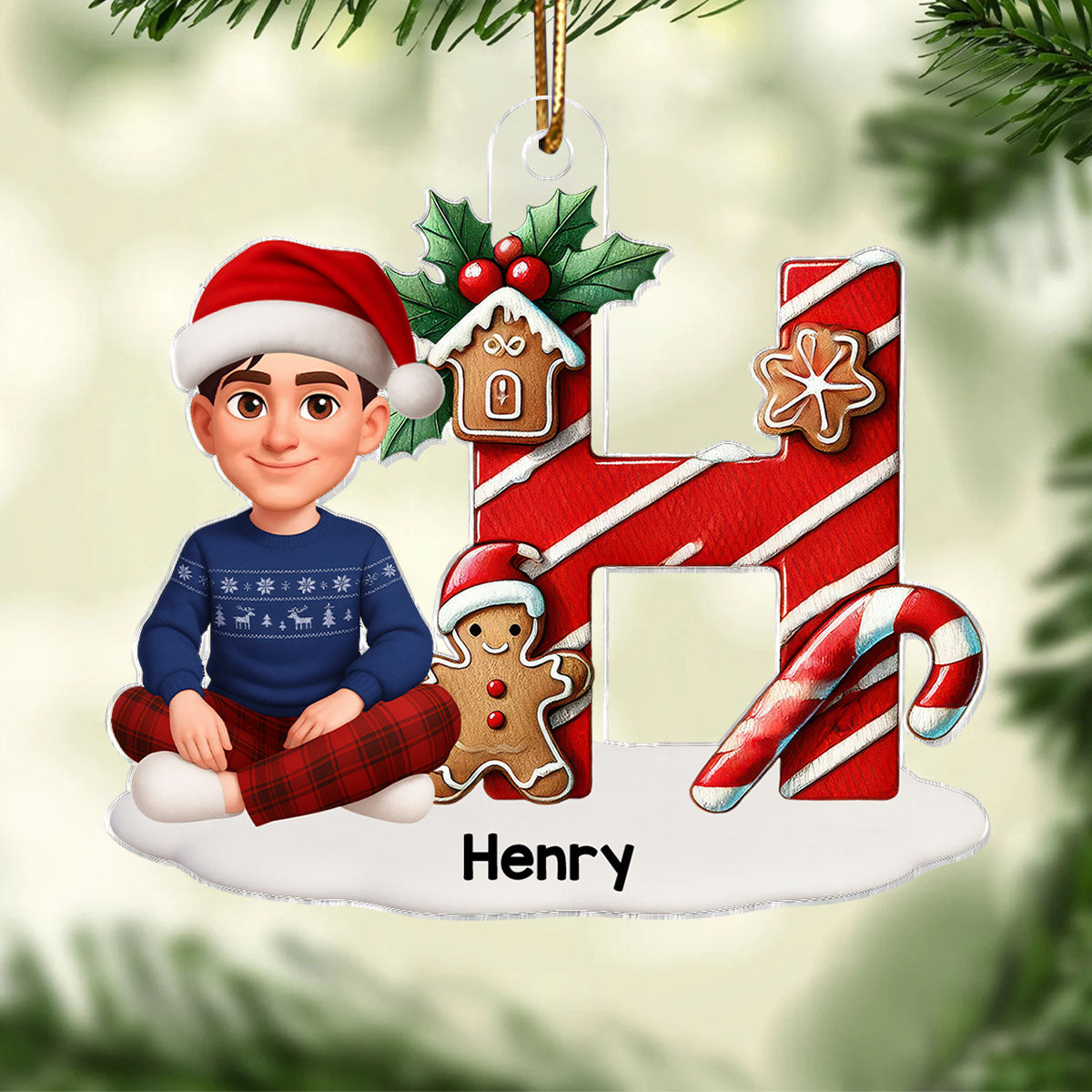3D Effect Candy Cane Initial Letter Family Member Name - Personalized Acrylic Ornament - Unique Christmas Gift For Family