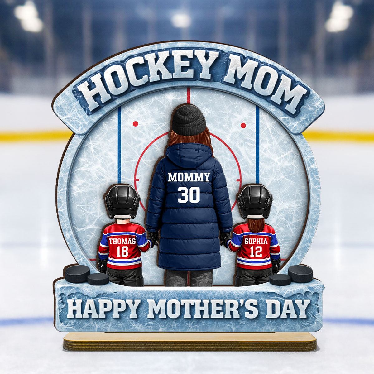 Hockey Mom Back View And Kids - Personalized 2-Layered Wooden Plaque - Mother's Day Gift For Hockey Mom