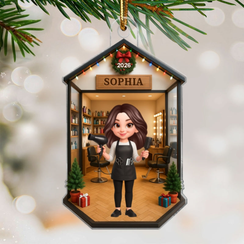 3D Effect Christmas Hair Salon Hairdresser Man Woman - Personalized Acrylic Ornament - Gift For Hairdressers