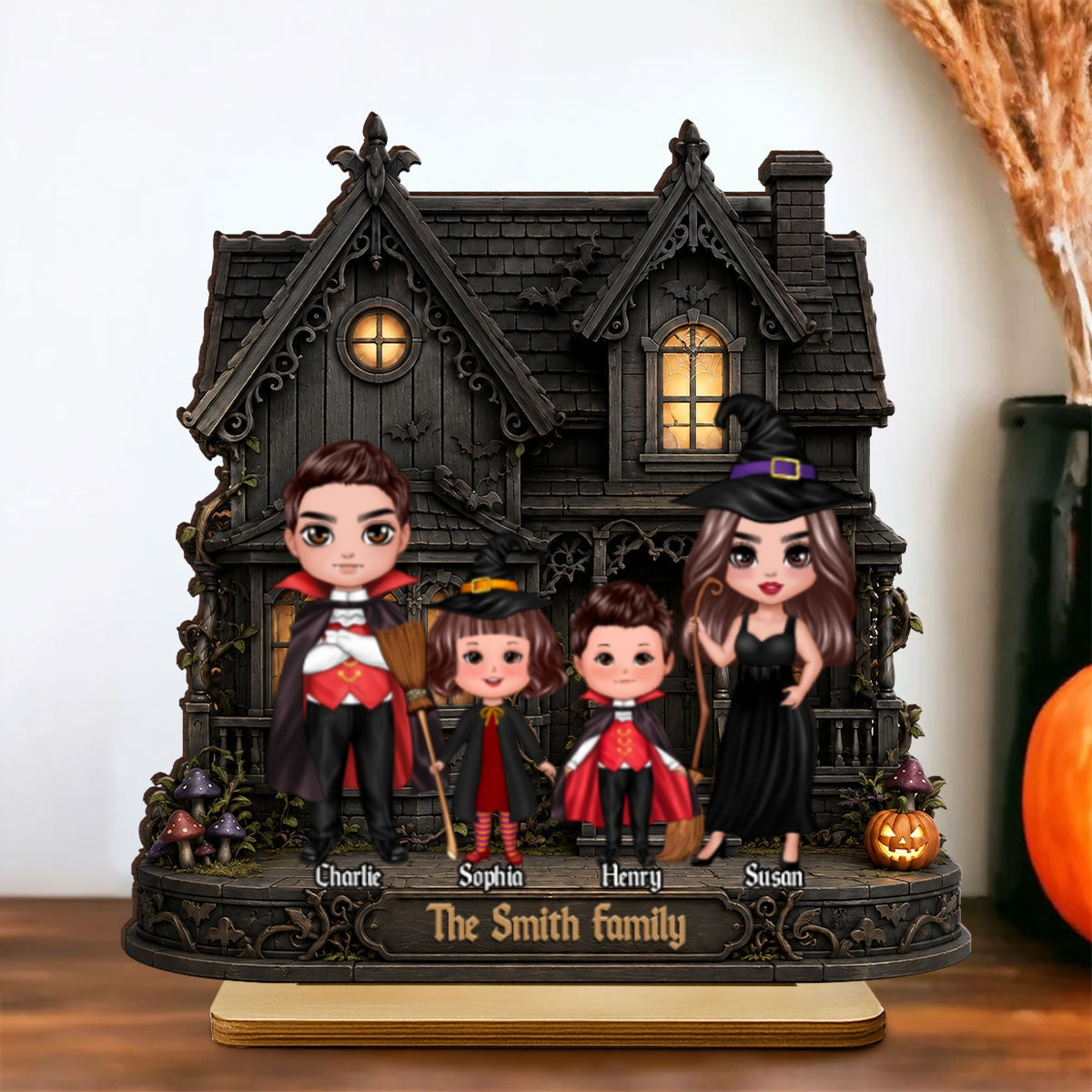 Family Haunted House - Personalized 2-Layered Wooden Plaque - Halloween Spooky Gothic Home Decor