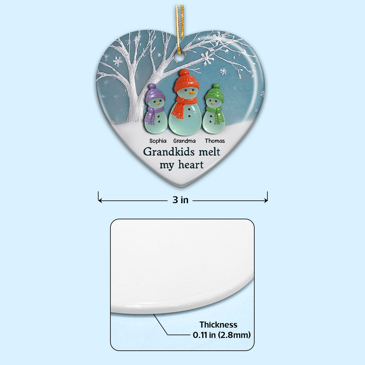 3D Effect Sea Glass Snowman Grandma & Grandkids - Personalized Ceramic Ornament - Christmas Gift For Grandchildren, Grandma
