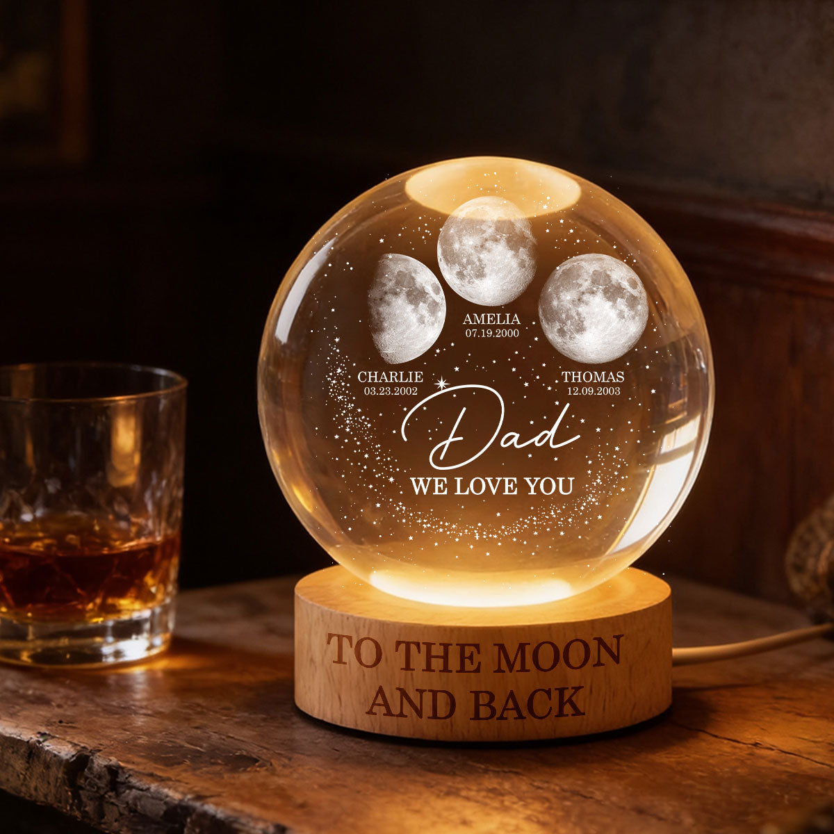 Love to the Moon and Back - Personalized Crystal Ball LED Night Light - Custom Moon Phase by Date,  Gift for Dad, Husband