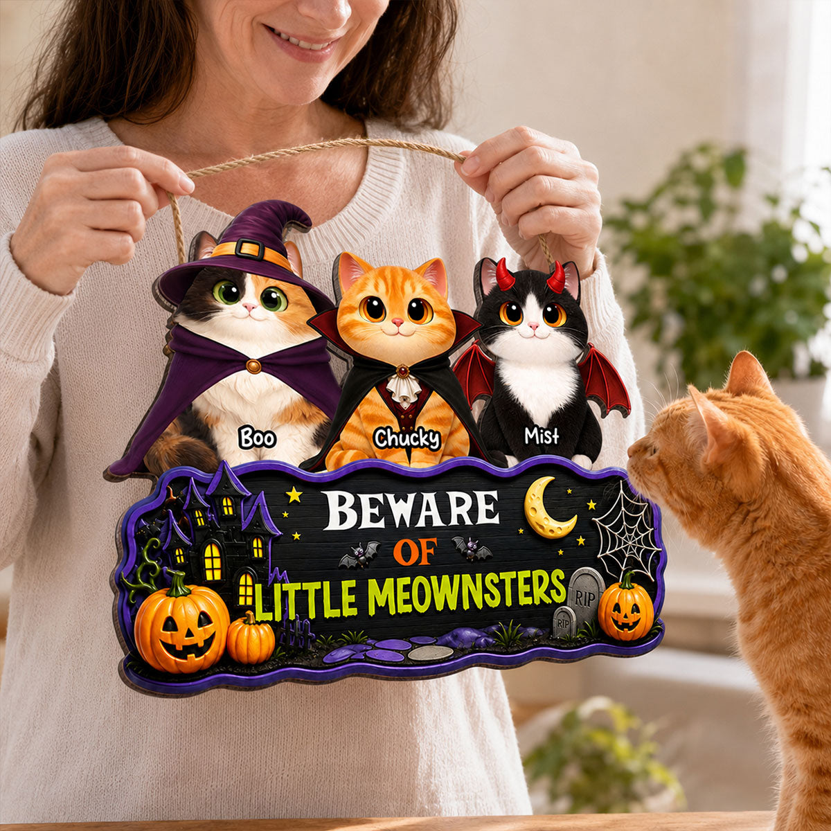 Spooky Halloween Beware of Little Cats Meownsters - Personalized Wood Sign - Halloween Gift For Cat Lovers, Halloween Decor