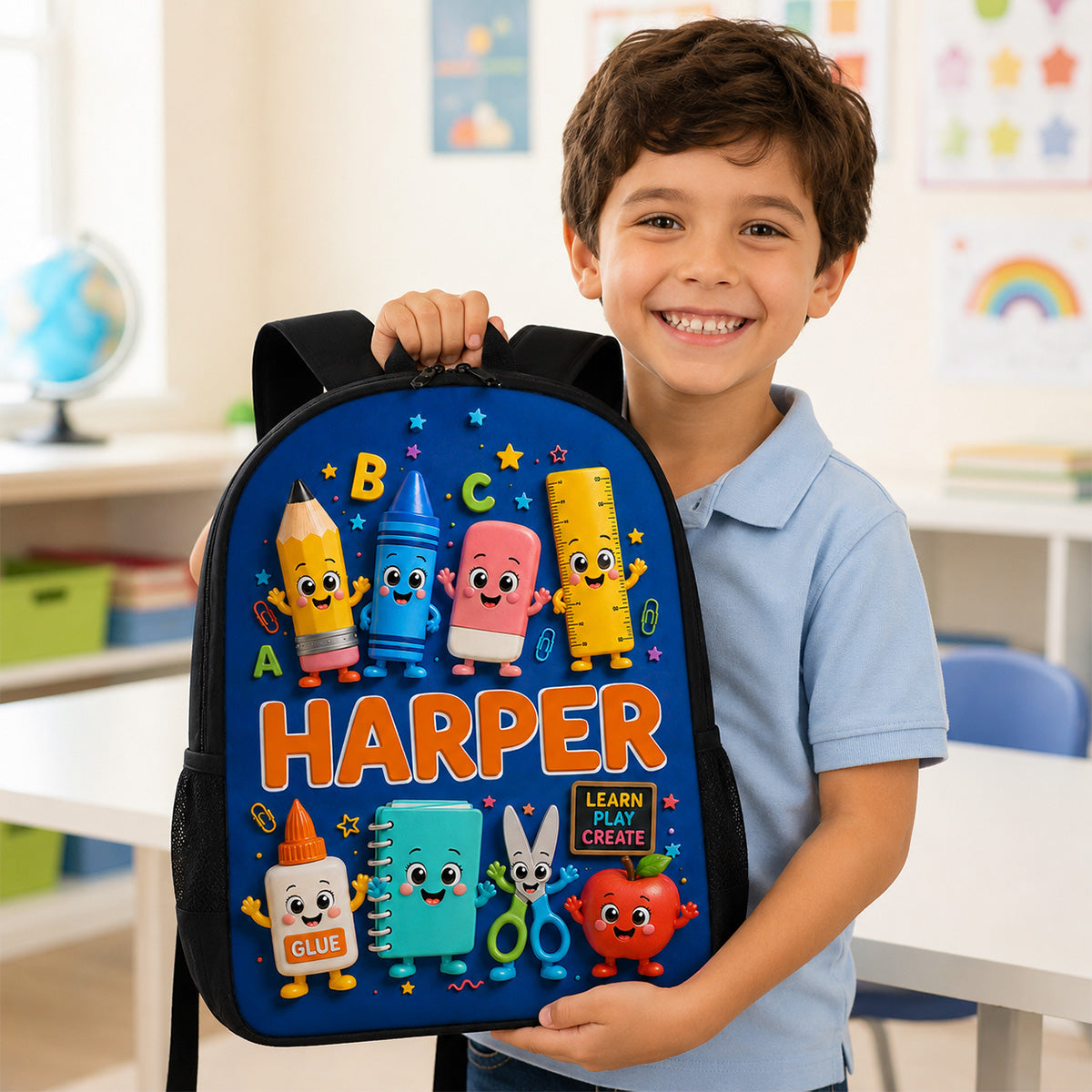 Playful School Things With Kid Name 2D Flat - Personalized Backpack - Back To School Gift