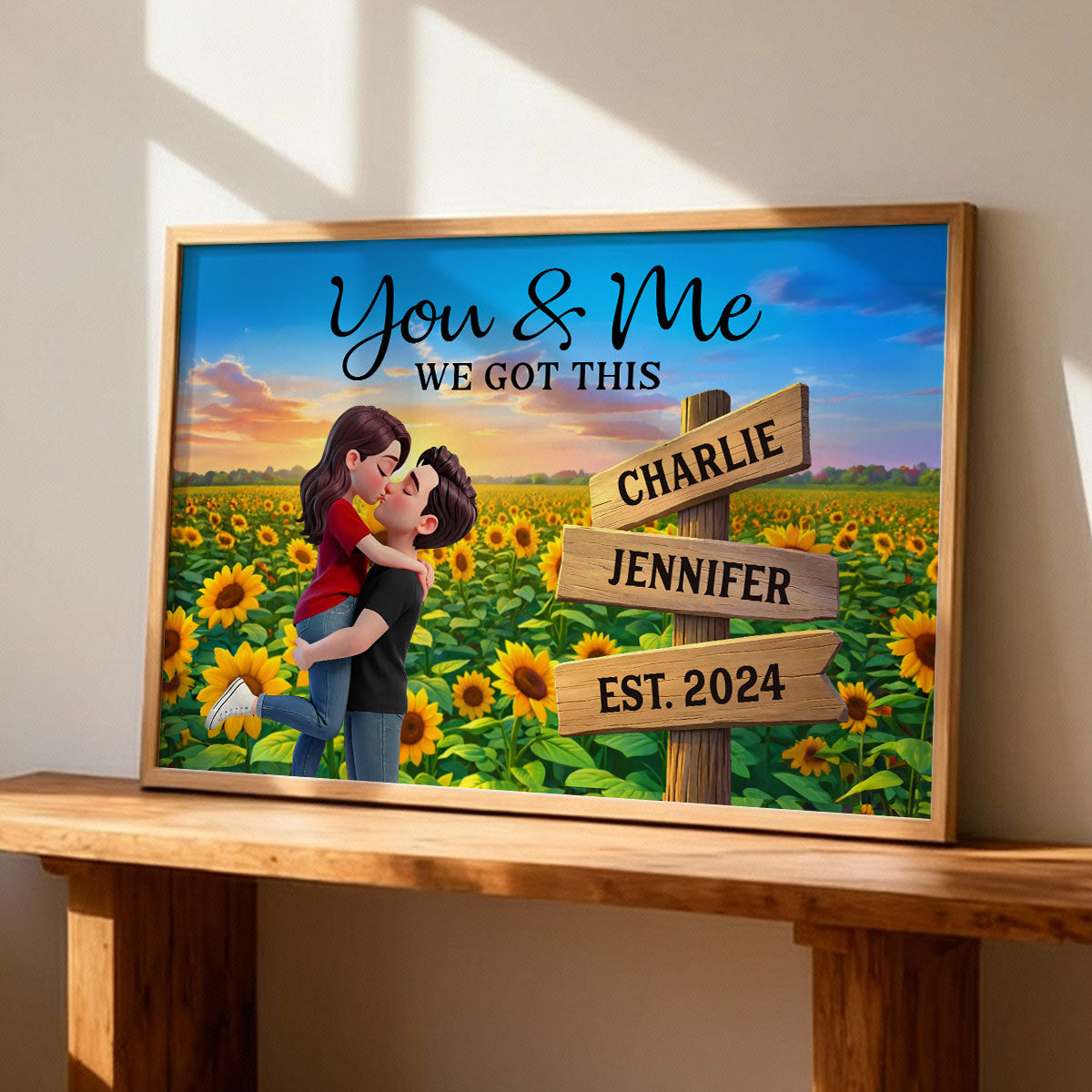 Eternal Love Couple Hugging Kissing Sunflower Field Sign Posts - Personalized Poster - Heartfelt Valentine, Anniversary Gift For Him, For Her