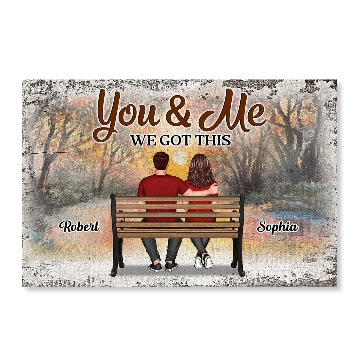 Couple Sitting On Bench Sunset Forest Personalized Horizontal Poster