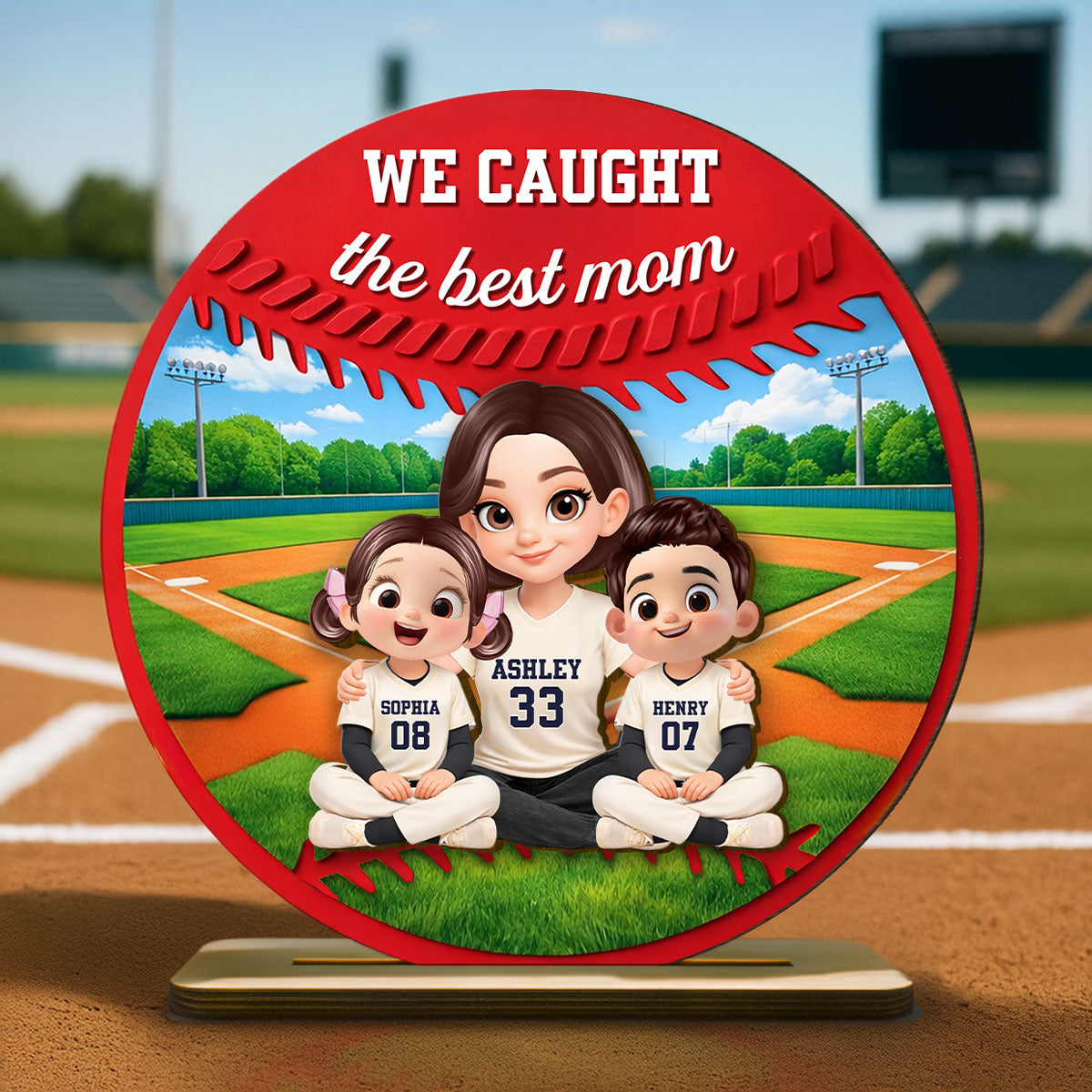 Mom And Kids Baseball Field - Personalized 2-Layered Wooden Plaque - Heartfelt Gift For Baseball Mom, Grandma
