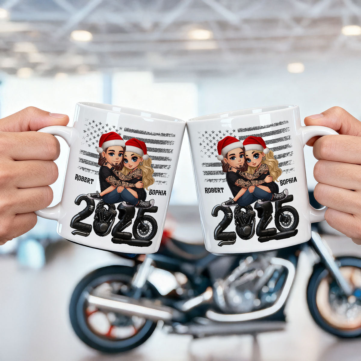 3D Effect Biker Couple Christmas - Personalized Mug - Gift For Bikers, Gift For Him, For Her