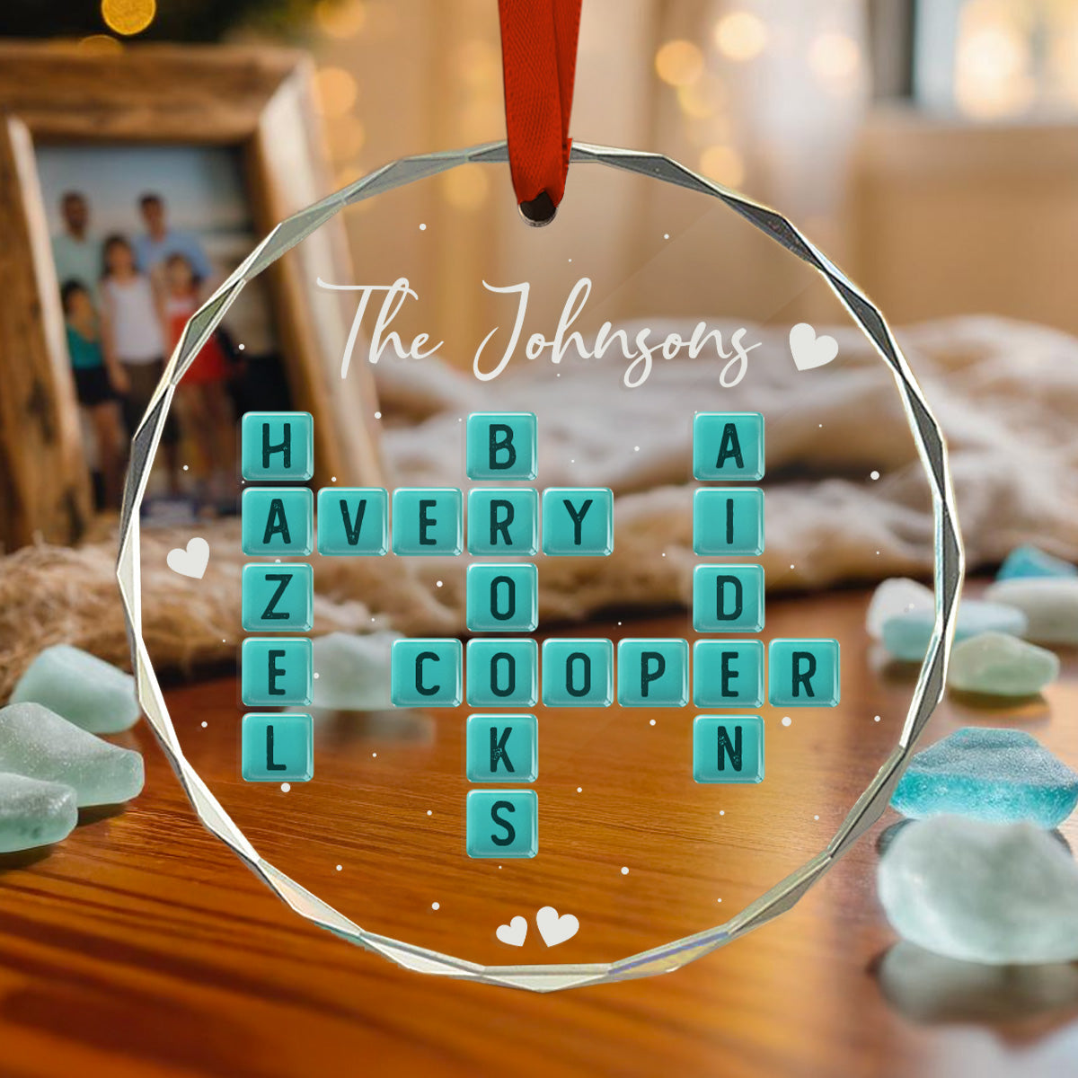 The Family Sea Glass 3D Inflated Effect Crossword Puzzle Art - Personalized Glass Ornament - Christmas Decor For Family, Friends