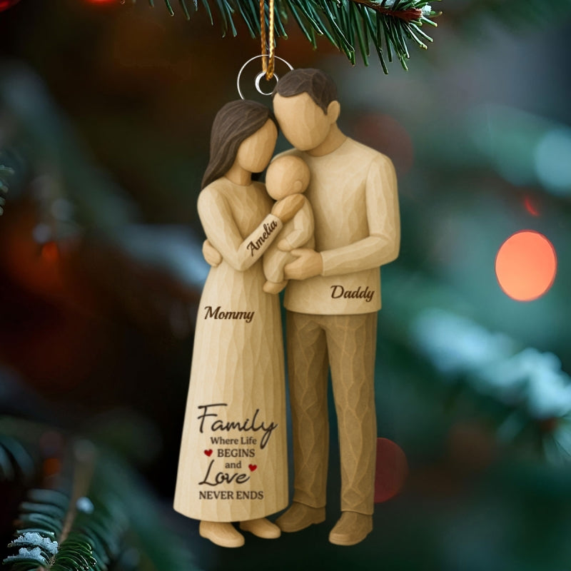 Family Love With Baby Wooden Figurines - Personalized Acrylic Ornament - Heartwarming Christmas Gift For Baby, For Couple, For Family