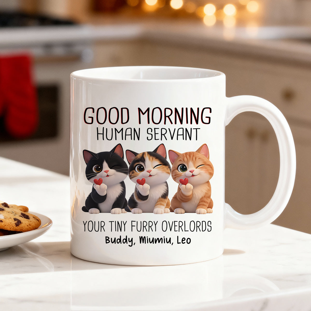 Good Morning Human Servant Cute Fluffy Cats - Personalized Mug - Funny Gift for Cat Moms, Cat Dads