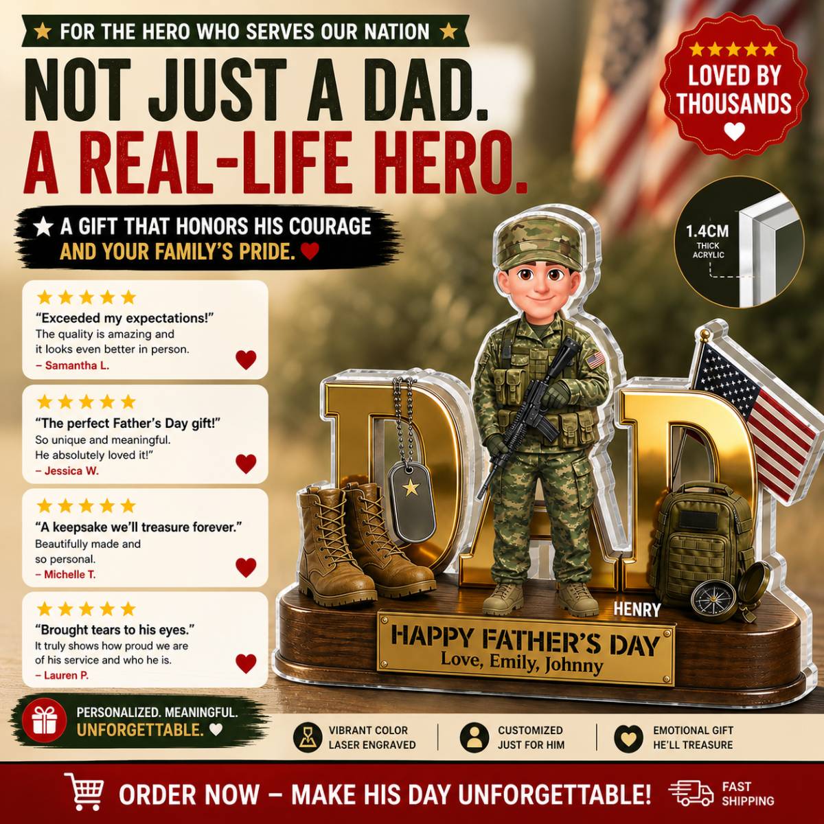 Proud American Military Armed Force Hero Dad 2D Flat - Personalized Acrylic Block Plaque -  Unique Trending  Gift For Dad, Husband