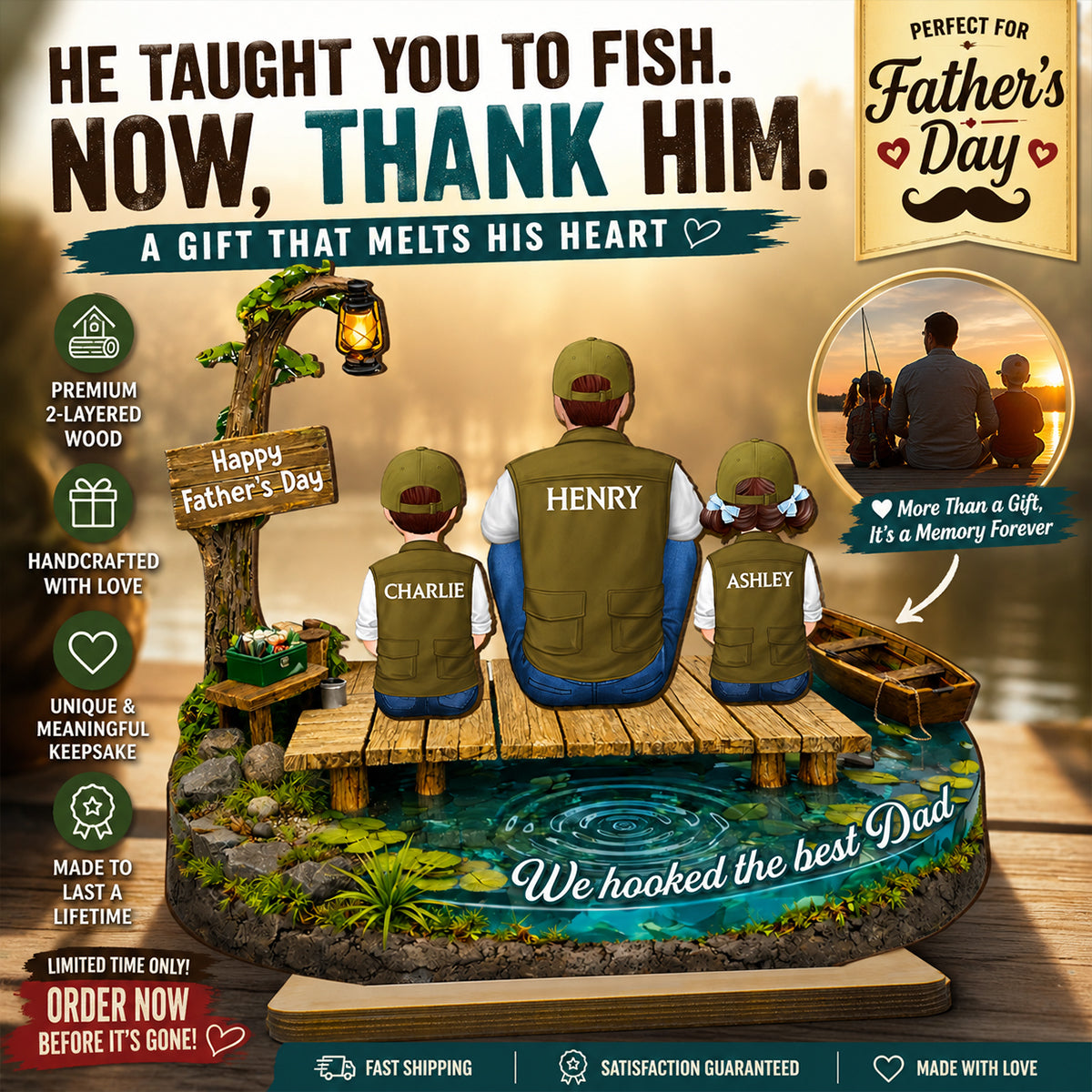 We Hooked The Best Dad Fishing - Personalized 2-Layered Wooden Plaque - Heartfelt Gift For Dad, Gift For Husband