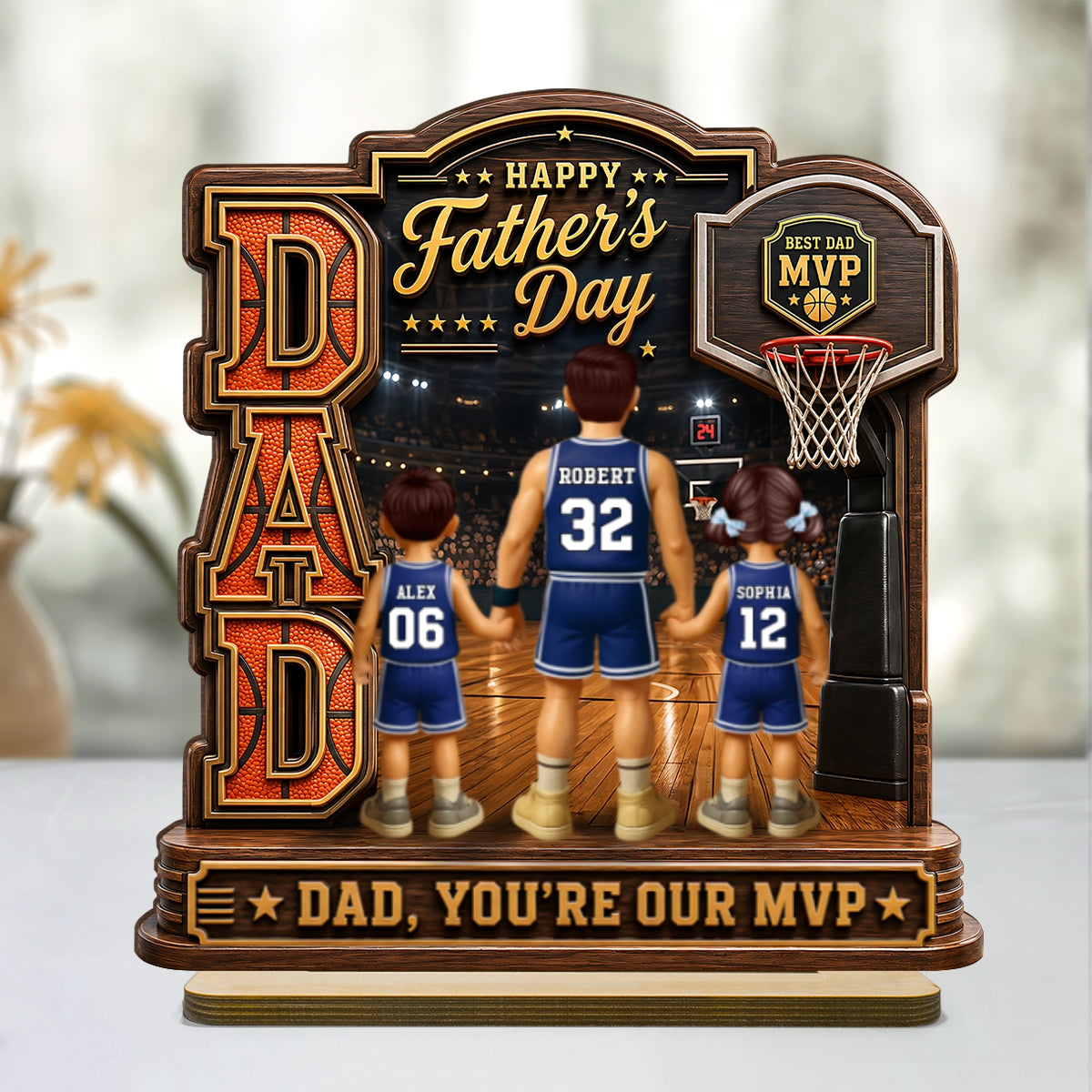 The MVP Dad Basketball - Personalized 2-Layered Wooden Plaque -  Gift For Dad, Husband