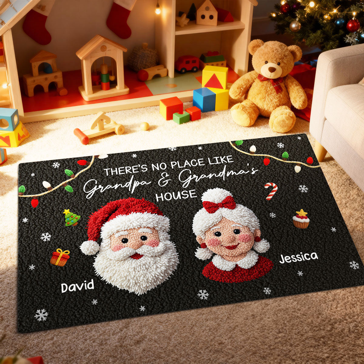 No Place Like Grandma Grandpa Santa Claus - Personalized Doormat - Latch Hook Yarn Faux Christmas Decor, Gift for Grandparents