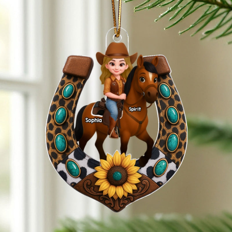 3D Effect Cowgirl And Her Horse Horseshoe - Personalized Acrylic Ornament - Christmas Gift