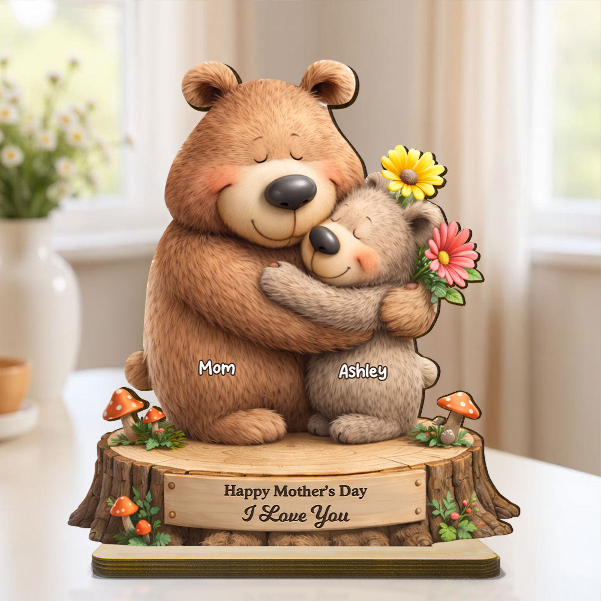 Loving Bears Mom & Kids - Personalized 2-Layered Wooden Plaque - Heartfelt Mother's Day Gift for Mom