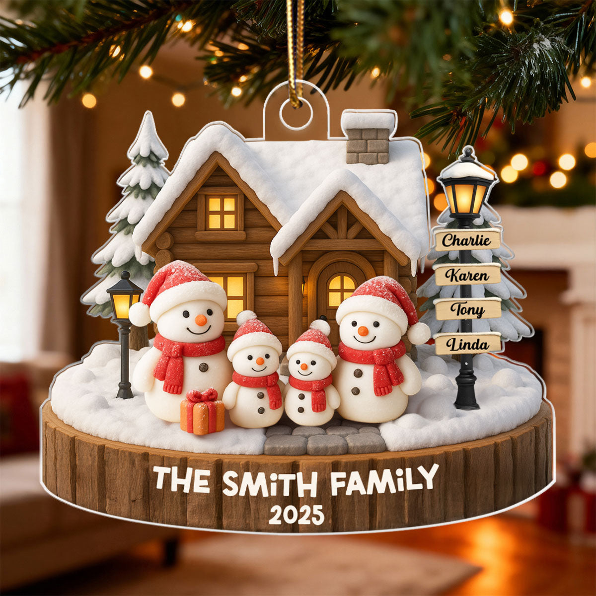Snowman Family Sign Post Custom Name - Personalized Acrylic Ornament - Christmas Gift for Family