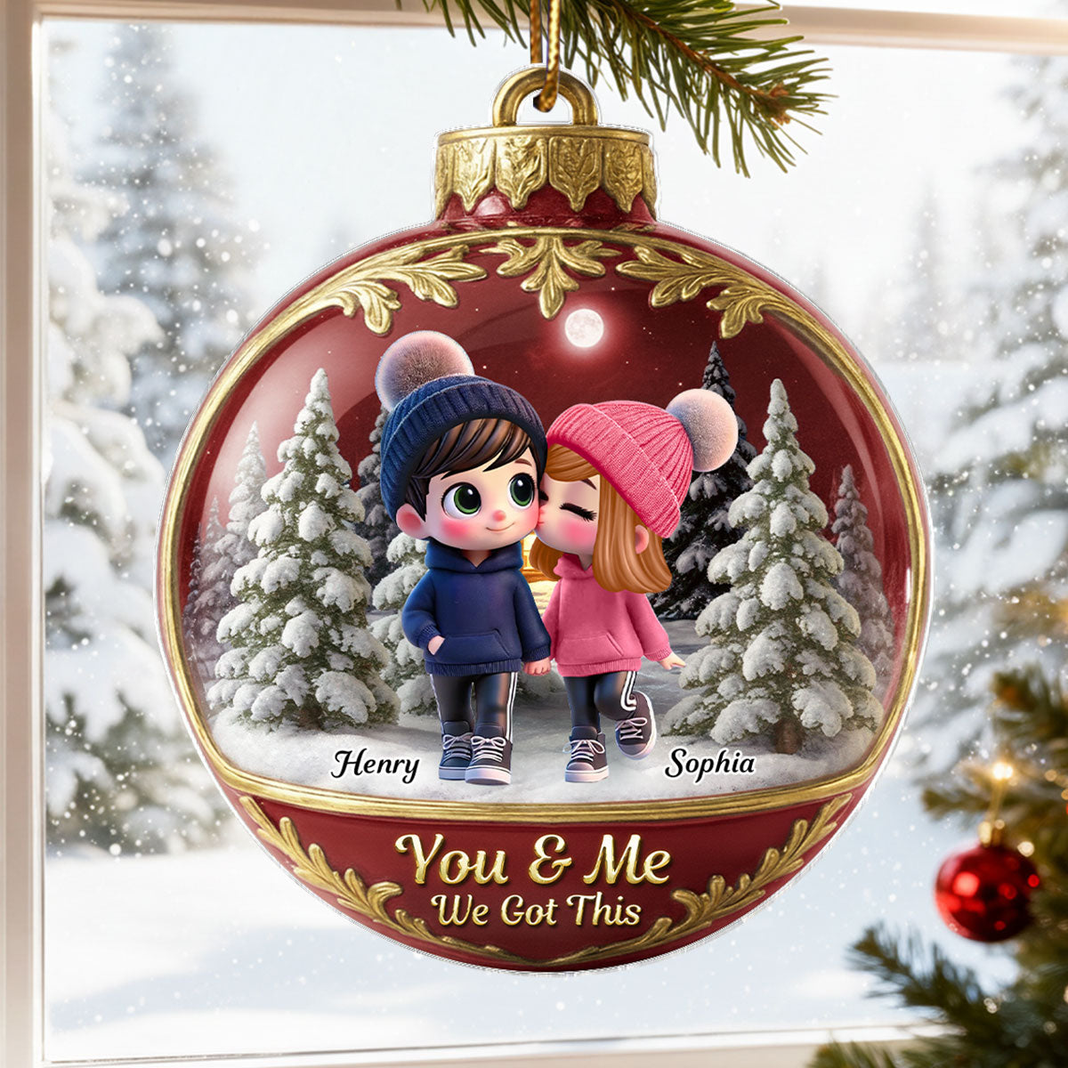 3D Effect Snow Globe Cartoon Couple - Personalized Acrylic Ornament - Christmas Gift for him, Gift for her