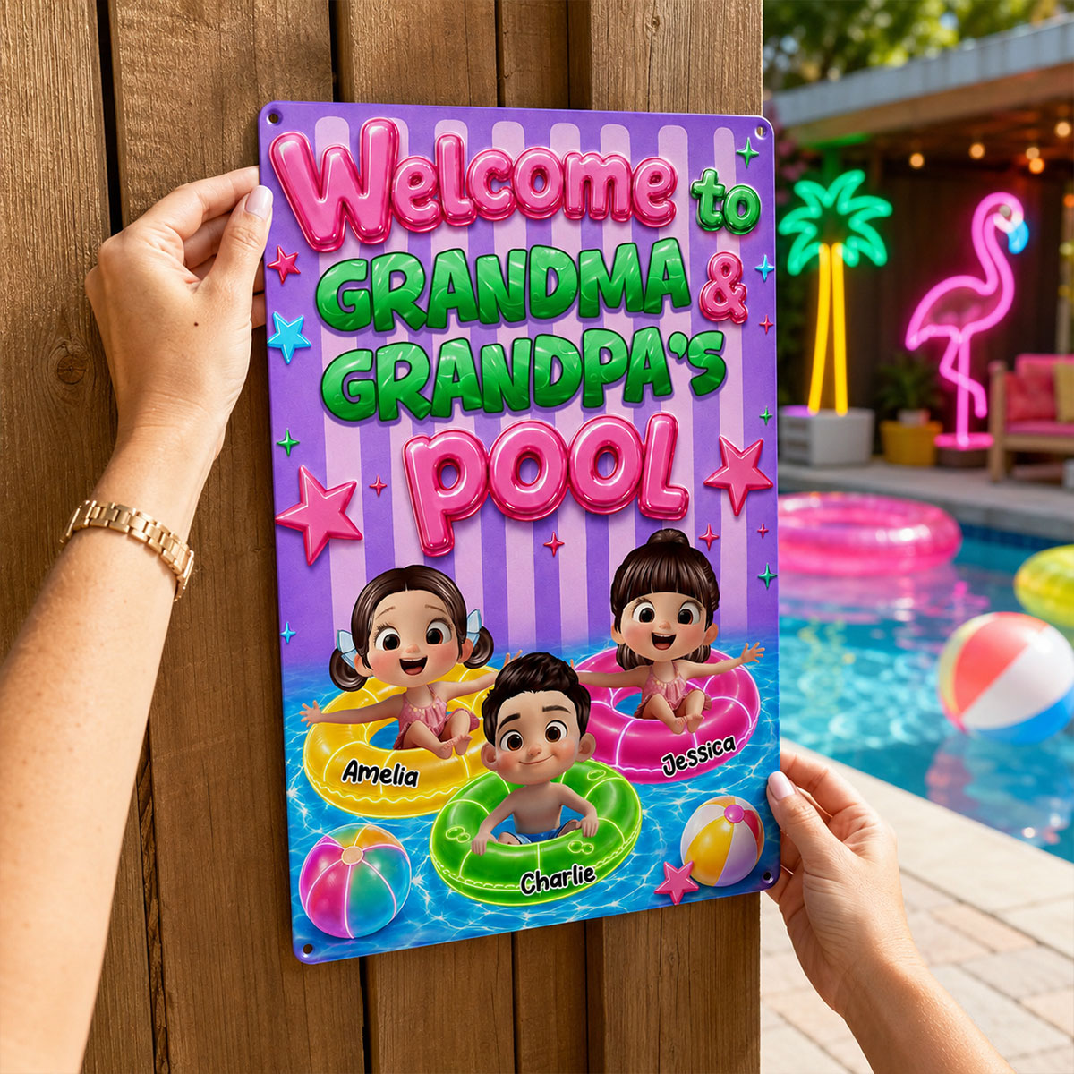 Neon Stripe Summer Welcome to Grandma Grandpa's Pool - Personalized Metal Sign - Trendy Summer Decor