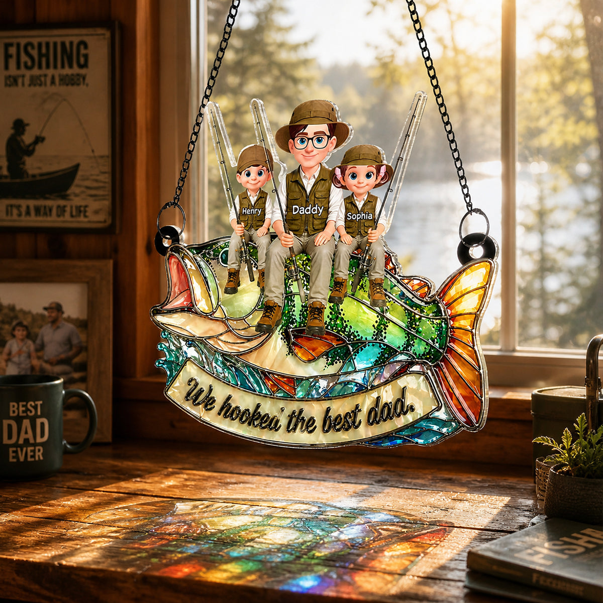 We Hooked the Best Fishing Dad - Personalized Suncatcher - Father's Day Gift for Dad, Husband, Man Cave Decor