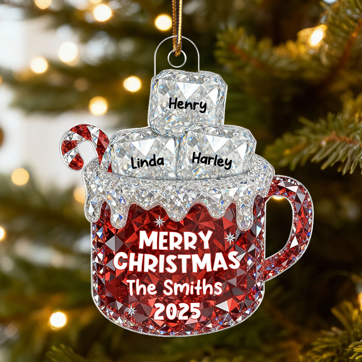 3D Crystal Effect Christmas Hot Cocoa Marshmallows Family Names - Personalized Acrylic Ornament