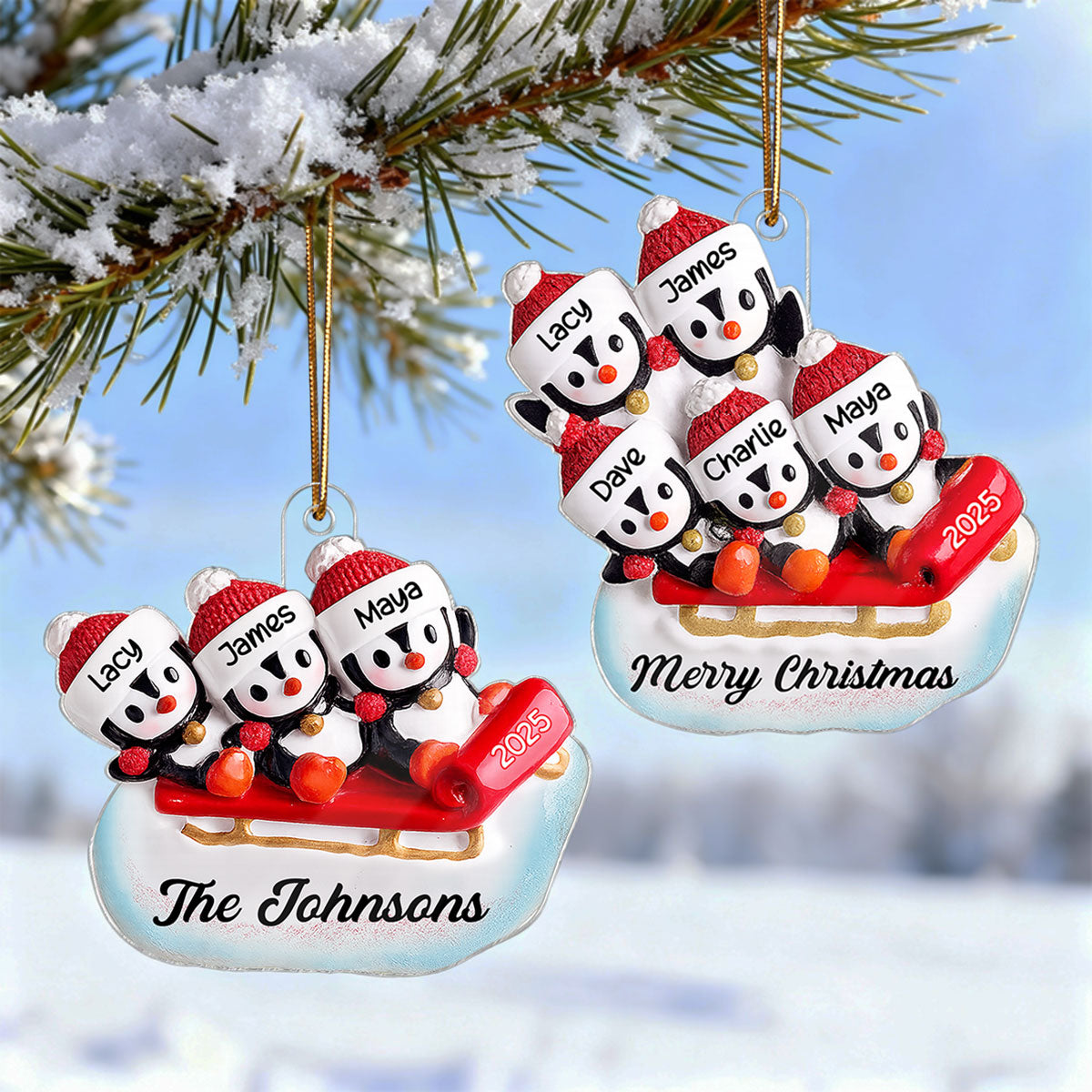 3D Effect Penguin Family On Sled - Personalized Acrylic Ornament