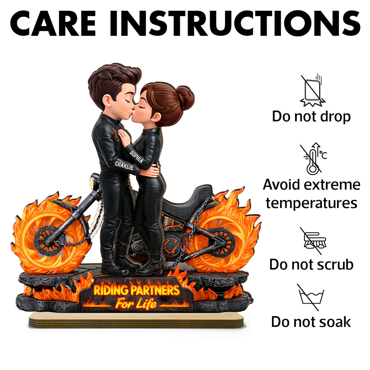 Biker Couple Fire - Personalized 2-Layered Wooden Plaque - Sentimental Gift for Her, for Him