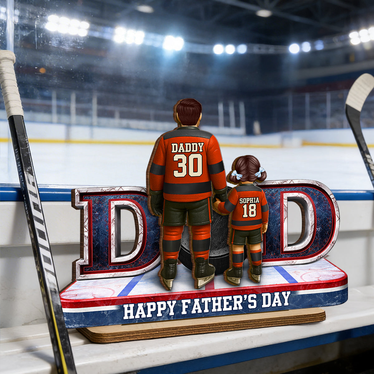 Hockey Dad And Kids Together - Personalized 2-Layered Wooden Plaque - Heartfelt Gift For Hockey Dad, Gift For Husband