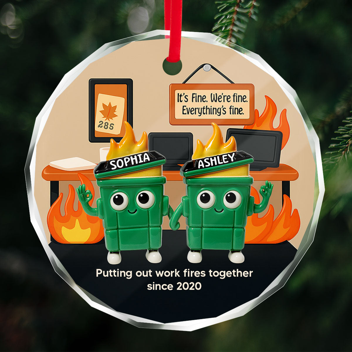 3D Effect Dumpster Fires In Office Scene - Personalized Glass Ornament - Funny Gift For Colleagues, Work Besties