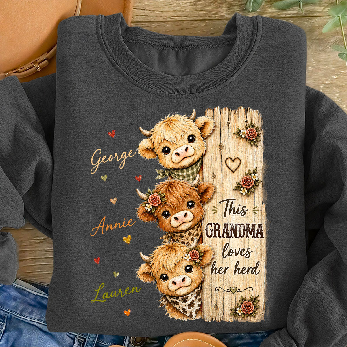 This Grandma Loves Her Herd Highland Cow - Personalized Shirt - Trendy Cozy Fall Shirt for Grandma