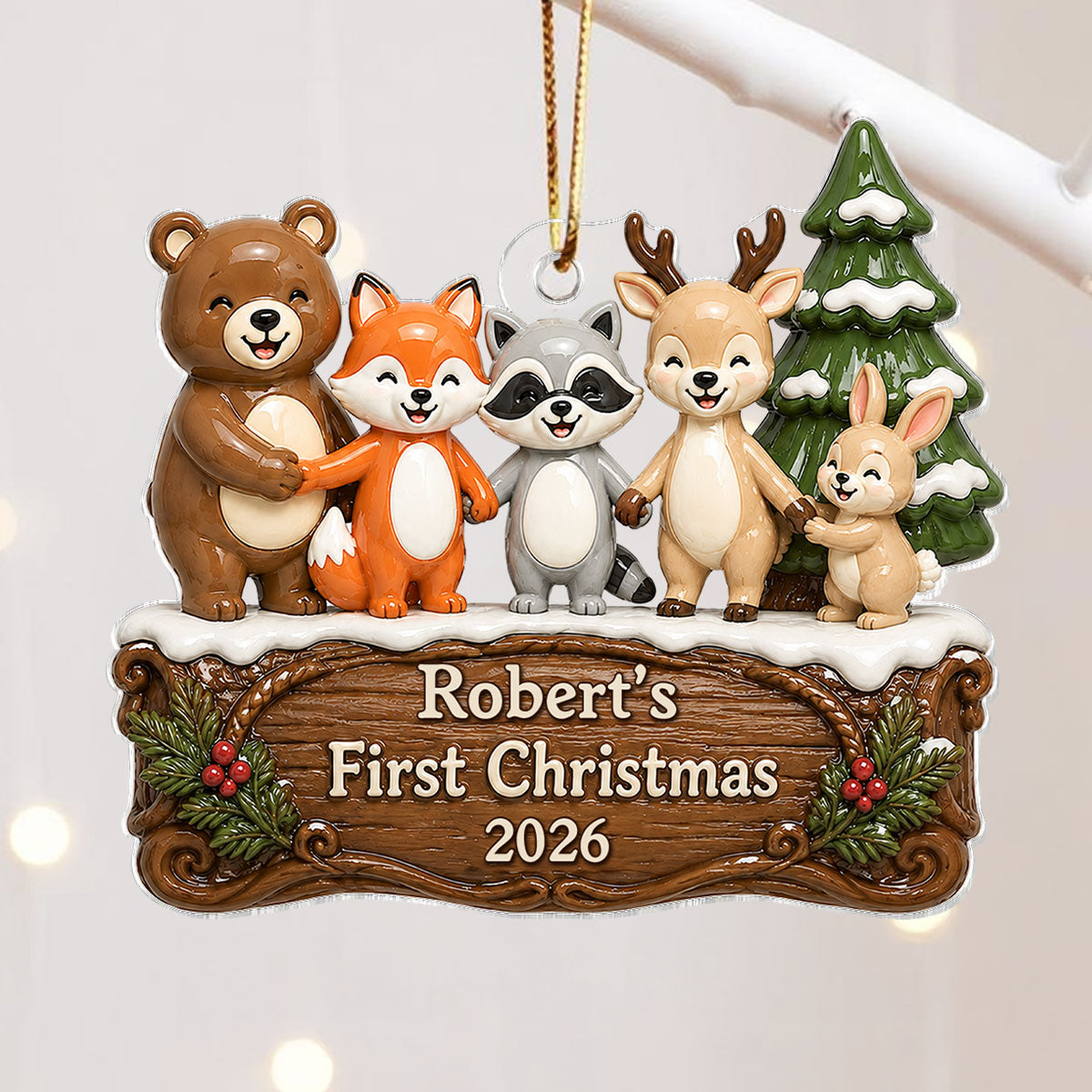 Happy Forever Woodland Animal Baby First Christmas - Personalized Acrylic Ornament - Gift for Newborn, New Parents Keepsake