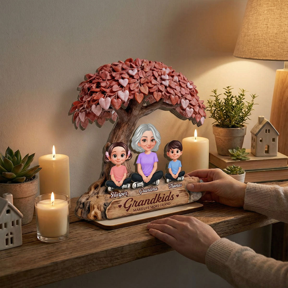 Grandma And Grandkids Under Heart Tree - Personalized 2-Layered Wooden Plaque - Gift For Grandma