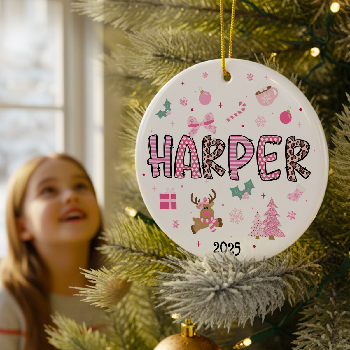 Pink Theme Girls Name Christmas - Personalized Ceramic Ornament - Gift For Daughter, Granddaughter