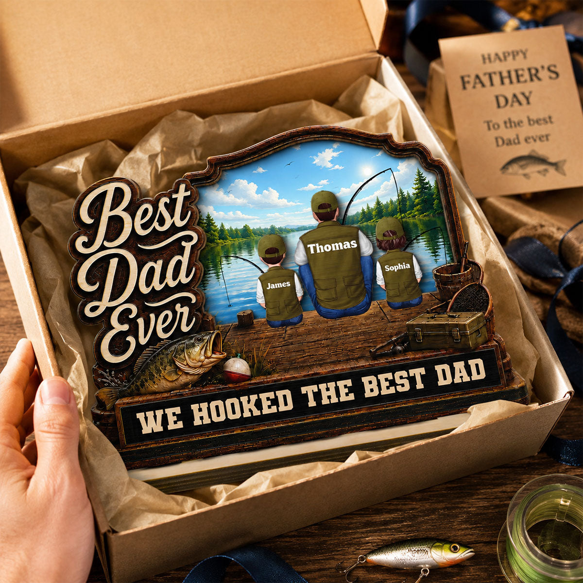 We Hooked The Best Dad Papa Fishing Man & Kids Back View 2D Flat - Personalized 2-Layered Wooden Plaque -  Gift For Hunting Dad, Grandpa