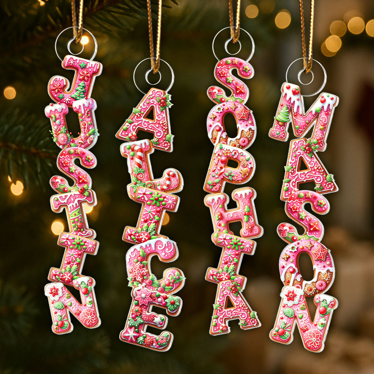 Pink Gingerbread Alphabet Custom Name - Personalized Acrylic Ornament - Christmas Tree Decor