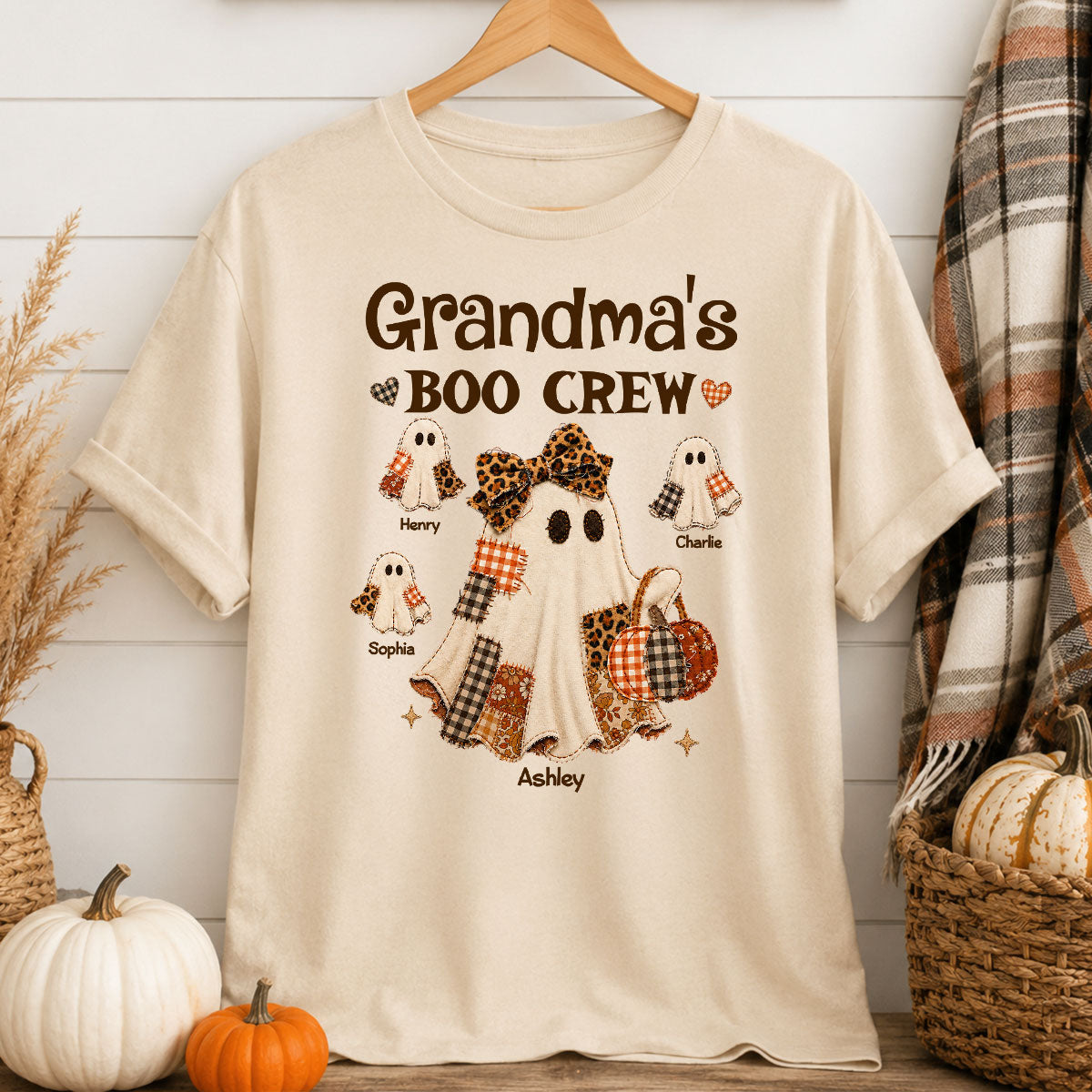 Grandma Fall Season Halloween Faux Patchwork Pattern Coquette - Personalized Shirt - Halloween Gift For Grandma