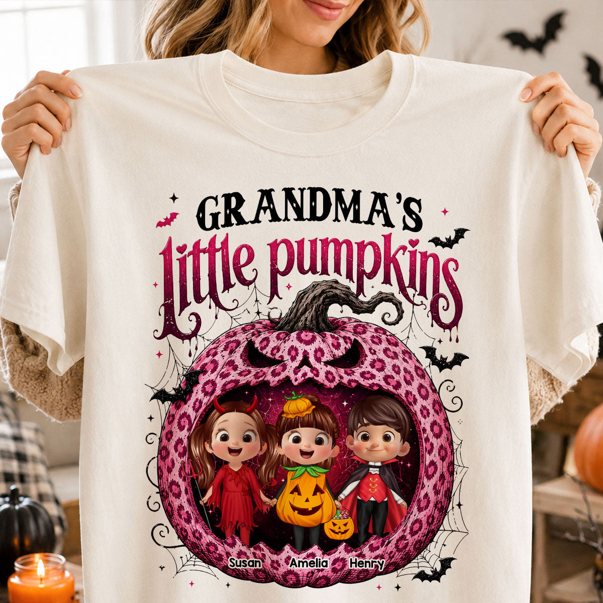 Grandma's Little Pumpkins Jack O Lantern - Personalized Shirt - Trendy Halloween Tee for Grandma