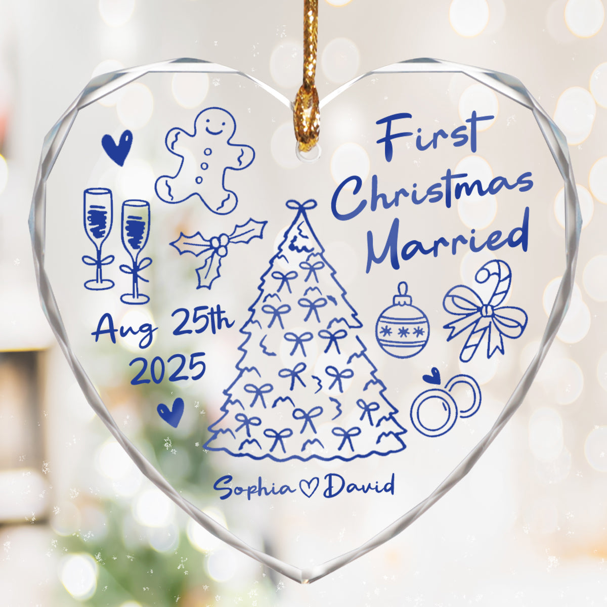First Christmas Married Doodle - Personalized Glass Ornament - Christmas Gift For Him, For Her, For Couple